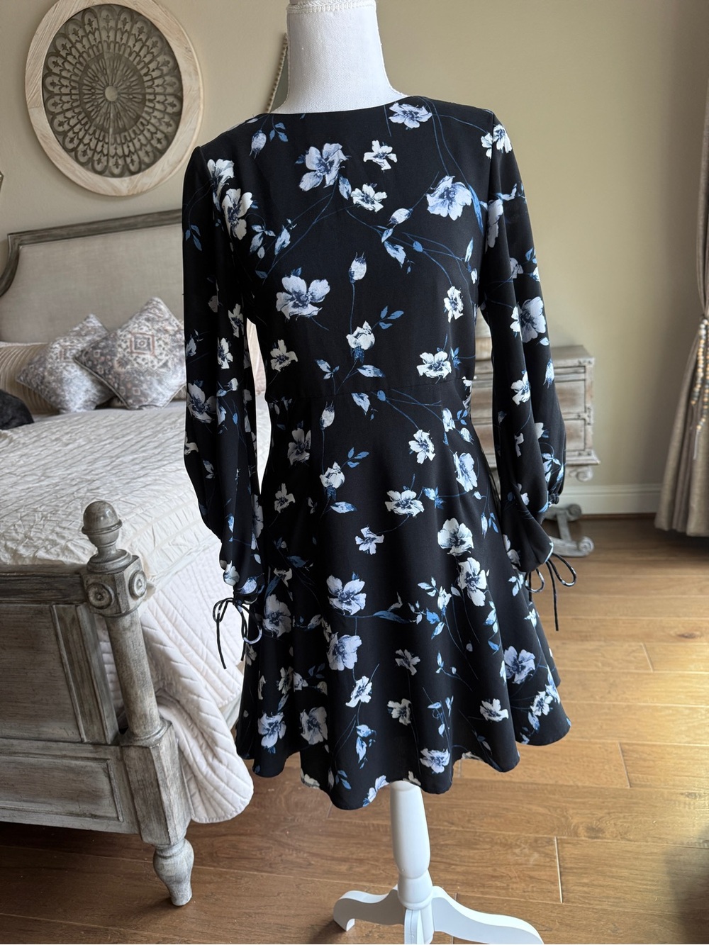 Black Floral Long-Sleeve A-Line Dress